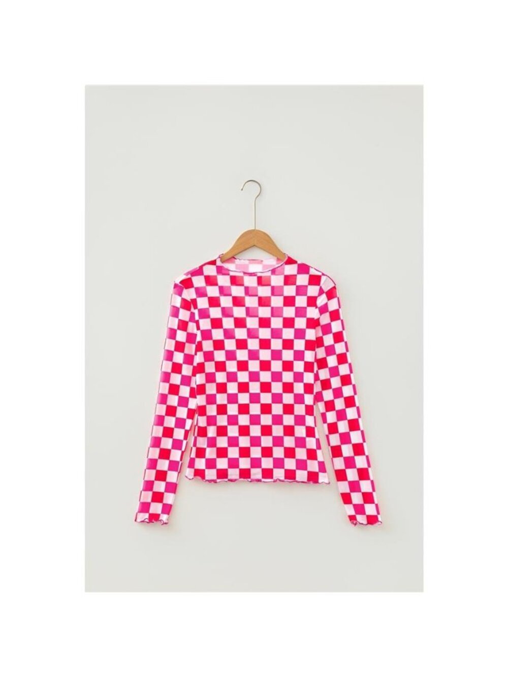 Plaid Heart Mesh Sheer Long Sleeve High Neck Top - Picture 4 of 14